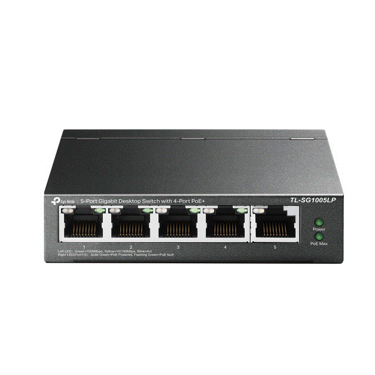 5-Port Gigabit Desktop Switch with  4-Port PoE+. PORT 4 Gigabit PoE+ Ports, 1